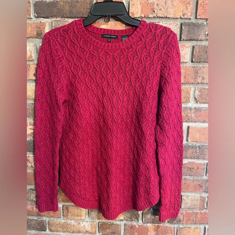 Jeanne Pierre womens crewneck basket weave rounded hem sweater red small